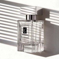 Flacon de parfum en verre vide de luxe à base carrée épaisse, avec capuchon métallique carré argenté, logo personnalisé par estampage à chaud et impression sur soie