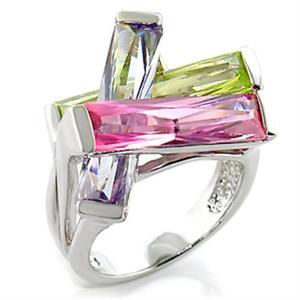 Anello da Cocktail taglia unica in rodio ottone e Solitaire multicolore AAA CZ con anello di apertura in lega di acciaio inossidabile 6x004 - Product Image 1