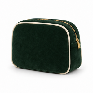 Pochette Cosmétique Mignonne à Double Fermeture Éclair, Tissu Peluche Vert Foncé avec Bordure Crème, Trousse de Toilette Personnalisable avec Logo, Cadeau en Polyester - Product Image 4