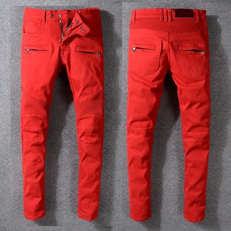 Baru France Style #1068 # Pria Moto Ritsleting Celana Klasik Robek Merah Skinny Denim Biker Jeans Stretch Slim Ukuran 29-42