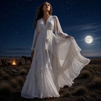Robe longue de soirée pour femme en mousseline multicouche 120 GSM, manches transparentes, col en V, bordure en dentelle florale, style personnalisé OEM, vente en gros
