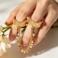 18K Vergoldeter Herzschlag-Gravur Ring mit Zwei Verbundenen Ringen und Pailletten-Kette, Doppelband-Ring für Frauen, Paar-Liebesversprechen