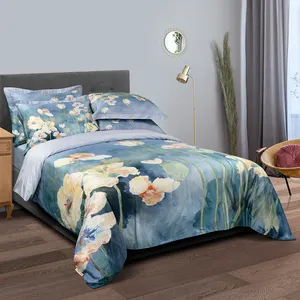 Digital Printed Custom Fabric Duvet Covers King Size Water Lily Flower Design Bedsheet Set Cotton Quilt Cover 4Pcs Bedding Sets