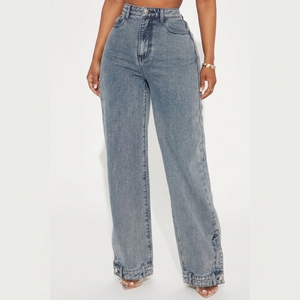 <span class=keywords><strong>Jean</strong></span> large rétro pour <span class=keywords><strong>femme</strong></span>, <span class=keywords><strong>coupe</strong></span> <span class=keywords><strong>droite</strong></span> taille haute, ourlet boutonné, denim bleu délavé, tenue chic au quotidien - Product Image 1