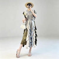 Produit le plus vendu de l'été, robe décontractée mi-longue pour femmes, robe plissée Miyake à volants en cascade multi-niveaux, effet métallique brillant