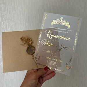 Ensemble d'invitation <span class=keywords><strong>de</strong></span> Quinceanera personnalisé élégant givré acrylique <span class=keywords><strong>fleurs</strong></span> sèches sceau <span class=keywords><strong>de</strong></span> cire <span class=keywords><strong>couronne</strong></span> motif enveloppes kraft Luxe feuille d'or - Product Image 1