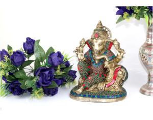 Artesanía Nirmala, Estatua de Latón del Dios Ganesha, Acabado en Piedra, Accesorios Religiosos para Pooja, Adorno para Mesa de Templo o Escritorio, Rajasthan - Product Image 1