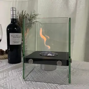 Precio al por mayor Decoración del hogar Concise Alcohol Fire Pits Chimenea de mesa de metal Portable Bio Etanol Firepit con vidrio de viento