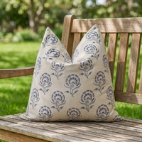 Housse de coussin imprimée 100 % coton bleu mat floral, taie d'oreiller décorative botanique pour chaise de jardin extérieure, vente en gros