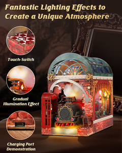 Kit DIY de train miniature pour bibliothèque - Puzzle en bois 3D avec lumière LED, décoration rétro steampunk pour étagère, pour adultes et adolescents (183 pièces) - Product Image 4