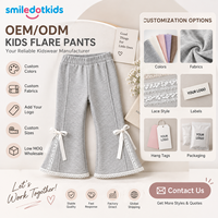 Smiledotkids Pantalons évasés personnalisés pour enfants, gris, avec bordure en dentelle, nœud en ruban, taille élastique, OEM ODM, faible MOQ, pour tout-petits garçons et filles, vente en gros