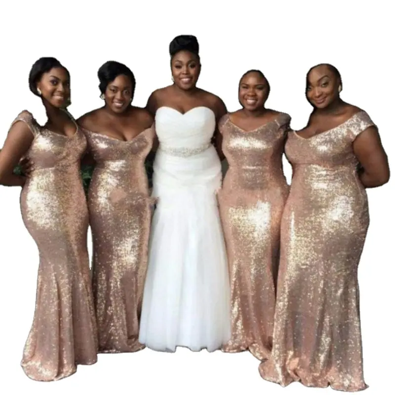 DB019 Gold Sequin Bridesmaid Dresses Long Mermaid 2022 New Sexy V Neck Long Customized Size Wedding Party Gowns Plus Size
