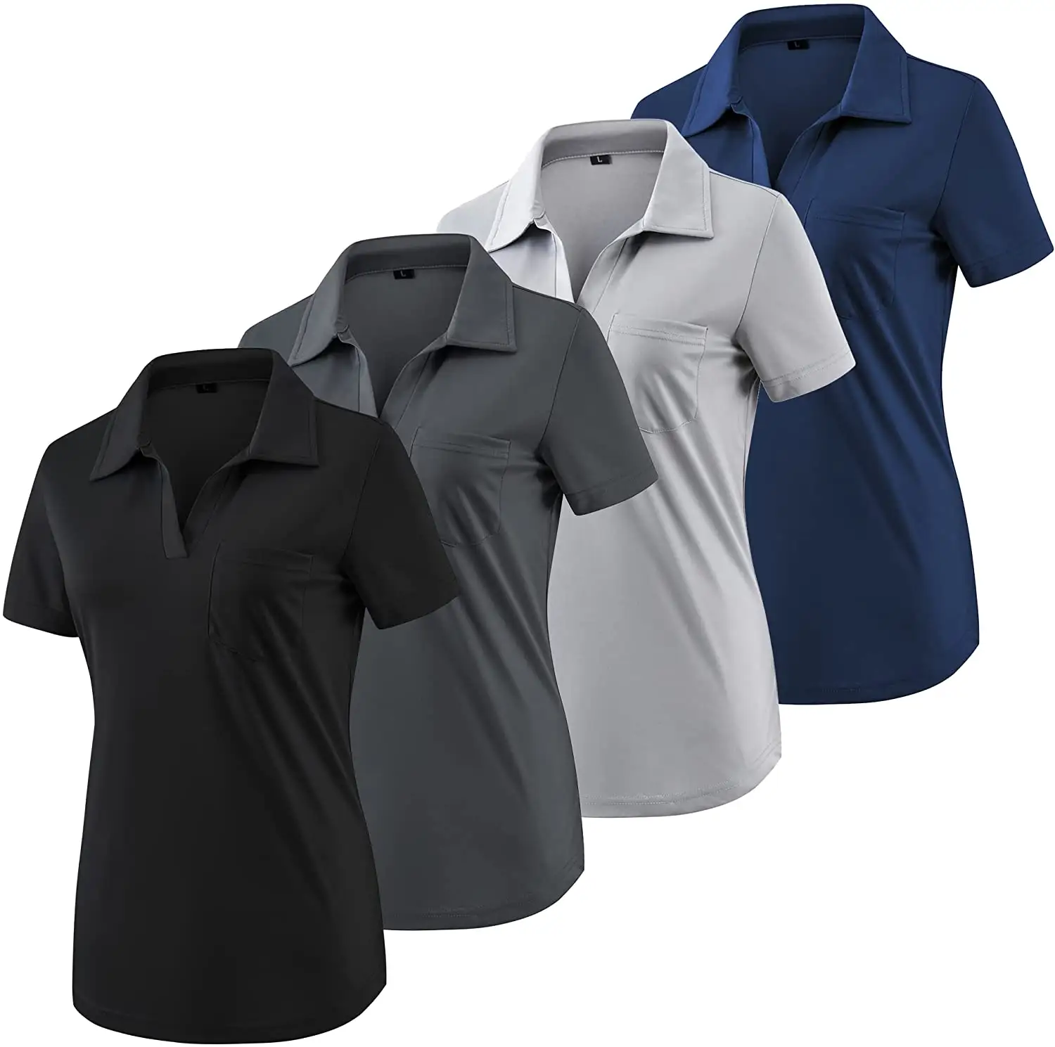Bayan V boyun kısa kollu Polo gömlekler gevşek rahat yakalı cep ile hafif hızlı kuru T shirt Tops