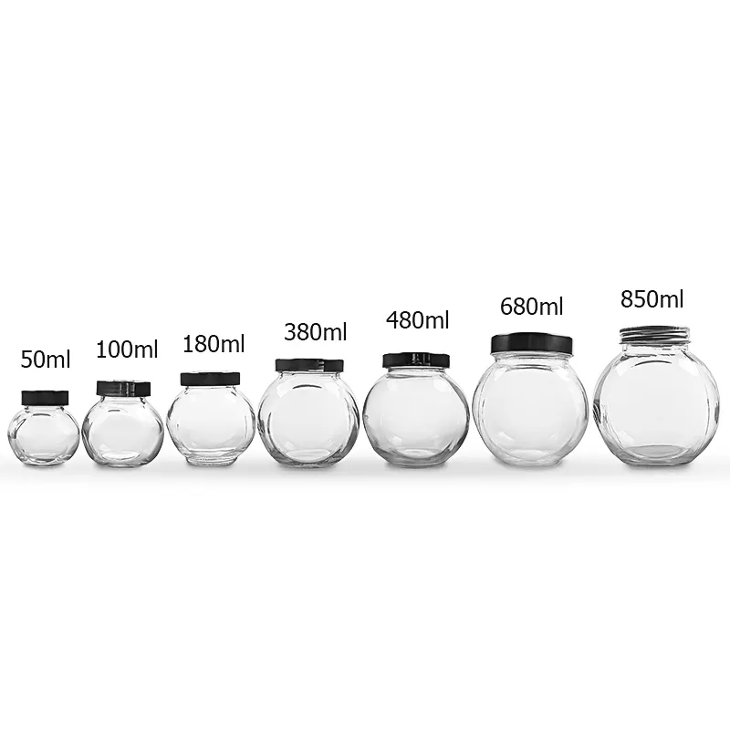 Frasco de cristal con tapas de plástico para alimentos, botella redonda plana de 50ml, 180ml, 280ml, 380ml, 500ml