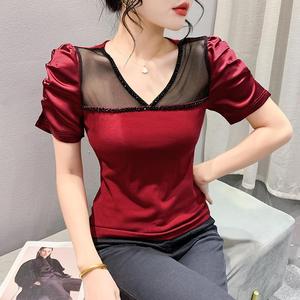 Été Nouveau Design <span class=keywords><strong>Original</strong></span> <span class=keywords><strong>Chic</strong></span> Sexy Mesh Stitching V-neck Heavy Industry Beads Puff Sleeve Fashionable T-<span class=keywords><strong>shirt</strong></span> - Product Image 2