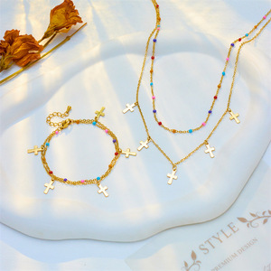 <b>Cross</b> <b>Chain</b> Necklace Set Stainless Steel Multicolor Beads Women's Fashion Jewelry - Product Image 2