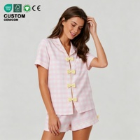 Ensemble pyjama 2 pièces pour femme, haut à manches courtes avec nœud décoratif et short, motif à carreaux rose, vêtements de nuit respirants et confortables pour la maison