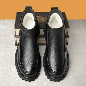 Winter Men's Fleece Lined Warm Leather <b>Boots</b> Thick Sole Non Slip Waterproof Mid Calf Shoes For Middle Aged And Elderly - Product Image 3