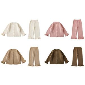2023 Herbst Neuankömmling Wolle Gestrickt Rosa Schwarz Beige Baby Mädchen Strickhose Großhandel Kinder Mädchen Strickjacke Pullover Set - Product Image 1