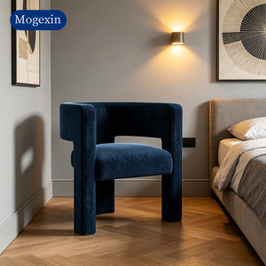 Fauteuil d'appoint moderne et minimaliste à structure géométrique, en velours bleu foncé, fauteuil de loisirs individuel évidé pour salon - Product Image 1