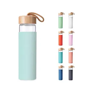 Jasper Botol Air Kaca Borosilikat 500Ml, Botol Air Kaca dengan Tutup Bambu dan Lengan Silikon Baja Tahan Karat Bebas BPA