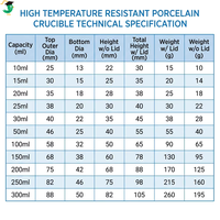 Creuset en porcelaine résistant aux hautes températures avec couvercle, pot de fusion en céramique de laboratoire pour analyse chimique, de 5 ml à 300 ml