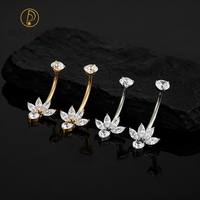 Cincin Pusar Titanium Bunga 4 Marquise CZ Dengan Liontin Hati, 14G, Ulir, Barbel Melengkung, Perhiasan Tindik Pusar