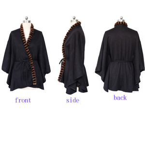 Fabriek Beste Prijs Custom Zwarte Echte Nertsen Bont Trim Wol Gebreide Bont Capes - Product Image 3