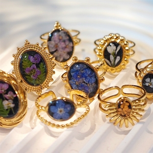 Spécimens de plantes, fleurs réelles séchées et conservées, bijoux vintage, anneaux en acier inoxydable pour homme - Product Image 1