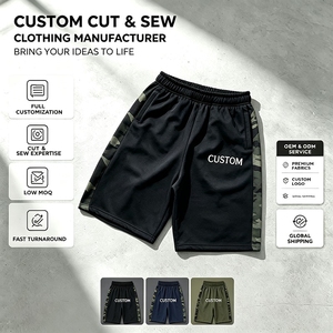 Shorts décontractés amples à taille élastique avec panneaux latéraux imprimés DTG camouflage, coupe et couture personnalisées, fabricant de shorts en molleton pour hommes - Product Image 1