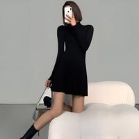 Robe de soirée trapèze à manches longues et col rond pour femme, taille naturelle, motif uni, respirante, décontractée, été, automne, hiver