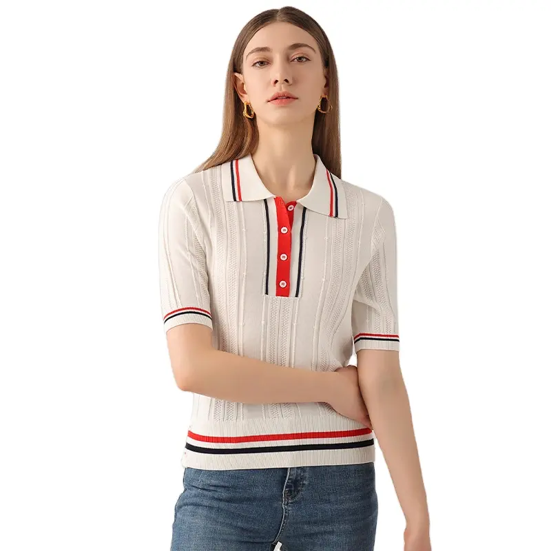 Summer Jacquard Contrast Color POLO Neck Knitted Shirt Ladies Silk Short Sleeve Pullover Sweater
