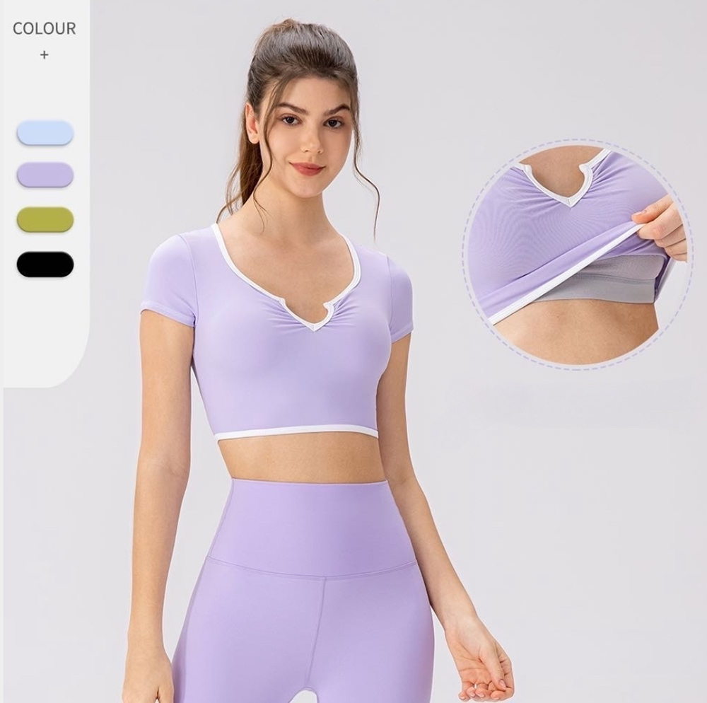 Women Short Yoga Clothes Sport Short Sleeves with Chest Pads Shock-absorbing Running Pilates Training Tops Tight Sports T-shirts