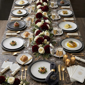 Service de table en céramique de style H-Deco de luxe, assiettes en porcelaine géométriques noires et blanches pour hôtel, restaurant, mariage, vente en gros - Product Image 5