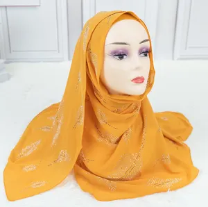 MS-2029 Fashion Luxury Chiffon Hot Drill Scarf Feather Pattern Shawl Muslim Hijab Made In China In Low Price