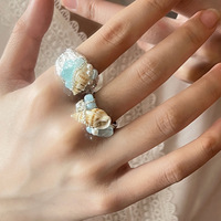 Élégantes bagues en perles de coquillages bleu marine naturel et pierres de cristal, bijoux délicats à superposer pour femmes