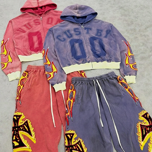 ชุดเซ็ตเสื้อฮู้ดซิปและกางเกงวอร์มผ้าฝ้ายเนื้อหนาพิมพ์ลายกราฟิกเสือดาวสีเขียวเข้มสำหรับผู้ชาย - Product Image 6