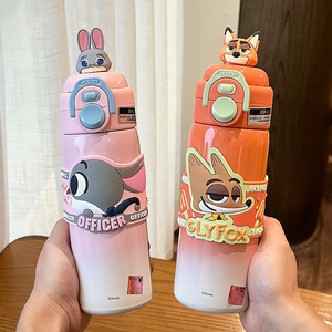 Bouteille d'eau isotherme double compartiment Nick & Judy 500 ml, portable, en acier inoxydable, avec paille, motif dessin animé, pour enfants et étudiants - Product Image 5