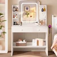 Bureau de maquillage en MDF blanc avec miroir éclairé, 2 tiroirs, étagères de rangement et support pour sèche-cheveux, couleurs personnalisées