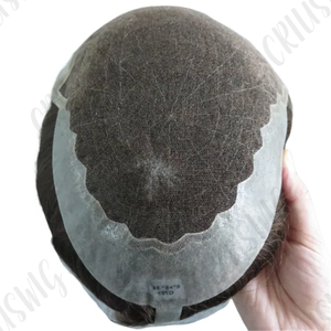 Venta al por mayor Q6 100% Real European Men's Toupee Hair System Lace PU Base Grey 1B Color Knots Bleaches Lace Closure Technique - Product Image 2