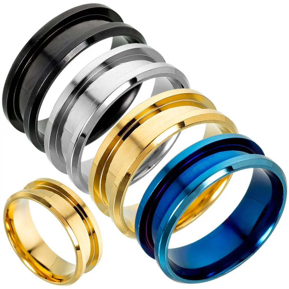 Hot Sale Europa und Amerika Damen Herren 8mm 316l Titan Stahl gerillte Inlay Ringe Mehrfarbige Core Blank Ring für Männer Frauen