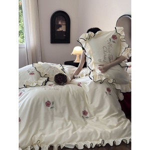 Juego de Ropa de Cama Girlish de Algodón de Fibra Larga 100S, con Bordado de Rosas y Borde con Volantes, 4 Piezas, para Uso Doméstico - Product Image 3