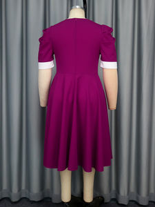 AM050220 <span class=keywords><strong>Abito</strong></span> Casual da Donna <span class=keywords><strong>Estivo</strong></span> Viola con Colletto Tondo, Maniche a Sbuffo, <span class=keywords><strong>Doppiopetto</strong></span> e Gonna Plissettata a Lunghezza Media - Product Image 6