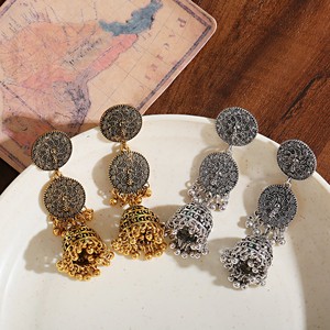 भारत ऑक्सीकरण सोने चांदी मढ़वाया मनके Chandbali घंटी Jhumki कान की बाली आभूषण जातीय Boho घंटी लटकन लटकना कान की बाली - Product Image 2