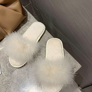 Custom Spring Soft Comfy Women New Popular Open Toe Fluffy Furry White Fur <strong>Slippers</strong> <strong>with</strong> <strong>Feather</strong> - Product Image 3