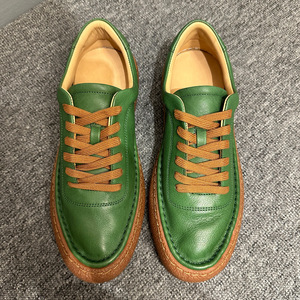Genuine <b>Leather</b> Men's <b>Sneakers</b> Green Low Top Lace Up Casual Shoes Soft Cowhide Chunky Sole Fashionable Simple Design - Product Image 2