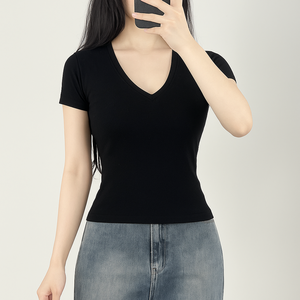 Vente en gros T-shirts de sport coupe ajustée pour femmes col en V manches courtes respirant coton modal élasthanne logo personnalisé hauts de sport - Product Image 2