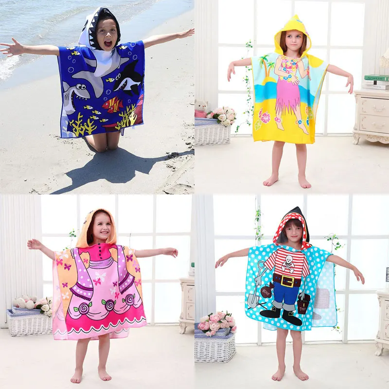 Toalla de playa de microfibra con capucha de impresión personalizada de fábrica de China Toalla de Poncho con capucha de natación impresa para niños