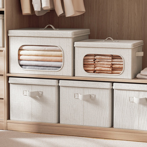 Clothing Organizer Storage Box Rectangle With Viewing Window Washable Cotton Linen Foldable Wardrobe Large Size Bedroom Use - Product Image 1