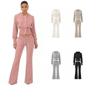 Conjunto Casual de Verano para Mujer de Dos Piezas con Sudadera con Cintura Ajustada y Pantalones Acampanados con Puños Acanalados de Poliéster Transpirable - Product Image 1